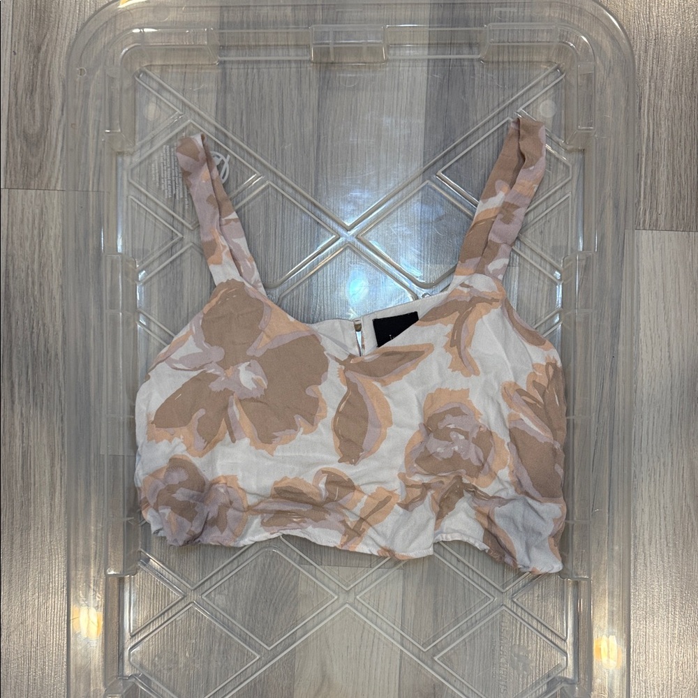 Floral Crop Tank Top in Beige and Cream